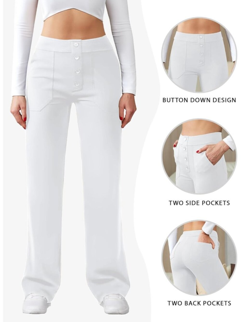 Women's White Casual High Waist Straight Leg Stretchy Button Dress Pants - Picture 5 of 5